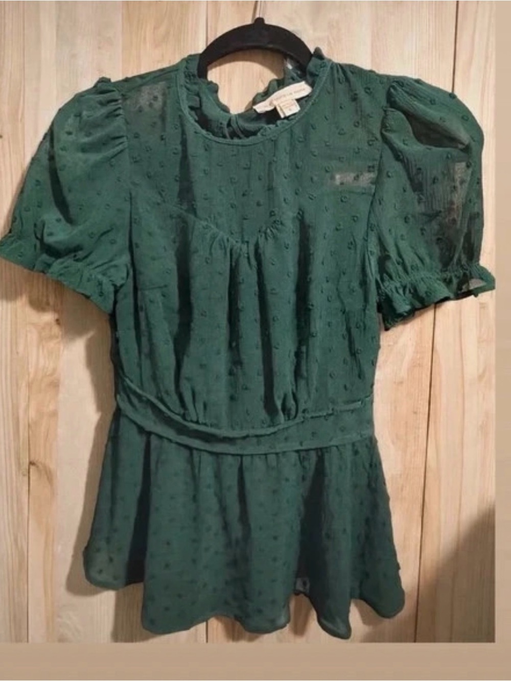 Green Textured Puff-Sleeve Peplum Top - Unknown Brand